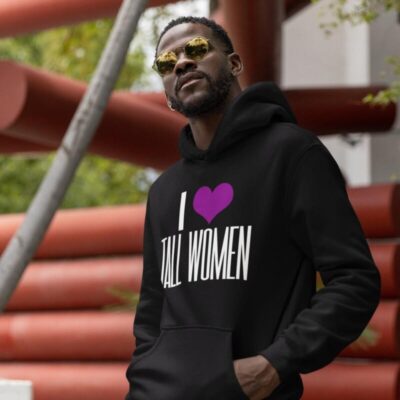 Man wearing black I (heart) tall women sweatshirt